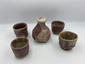 Sake bottle, 4 cups. Pink iris.  Wild. Woodfire. Hinotori.