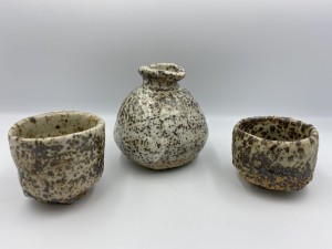 Sake set: bottle, 2 cups. Black dots. Wild. Woodfire. Hinotori. 